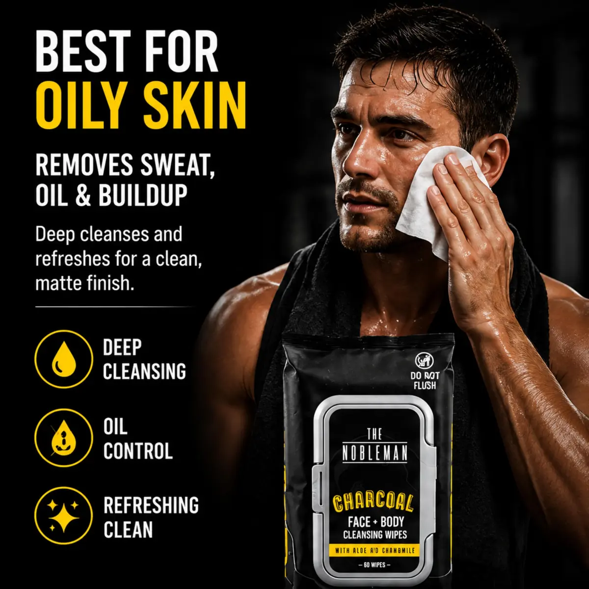 The Nobleman Charcoal Deep Detoxifying Face + Body Cleansing Wipes for Men | Heavy-Duty, Biodegradable, Charcoal Scent - view 3
