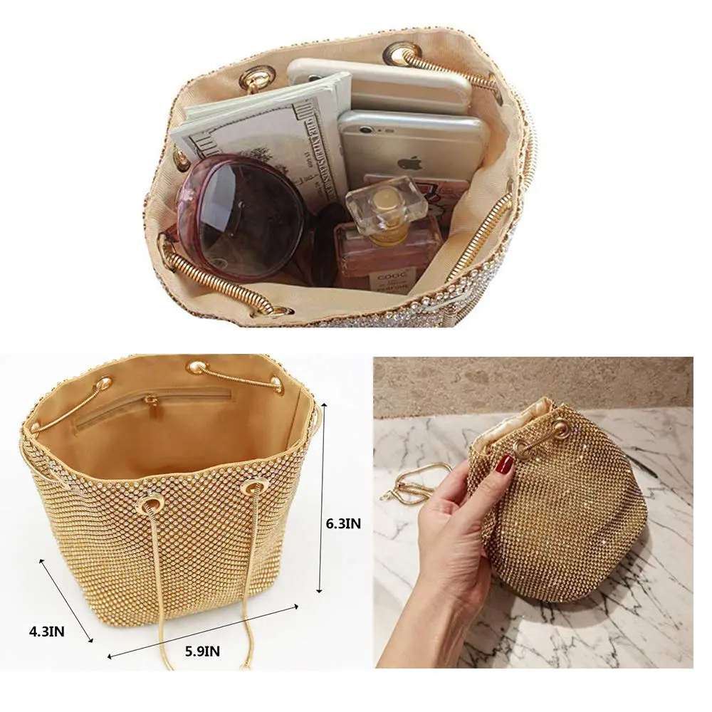 JIAN YA NA Full Rhinestones Bucket Bag for Women 15x11x16cm | Elegant Evening Shoulder Bag with Long Chain - view 7