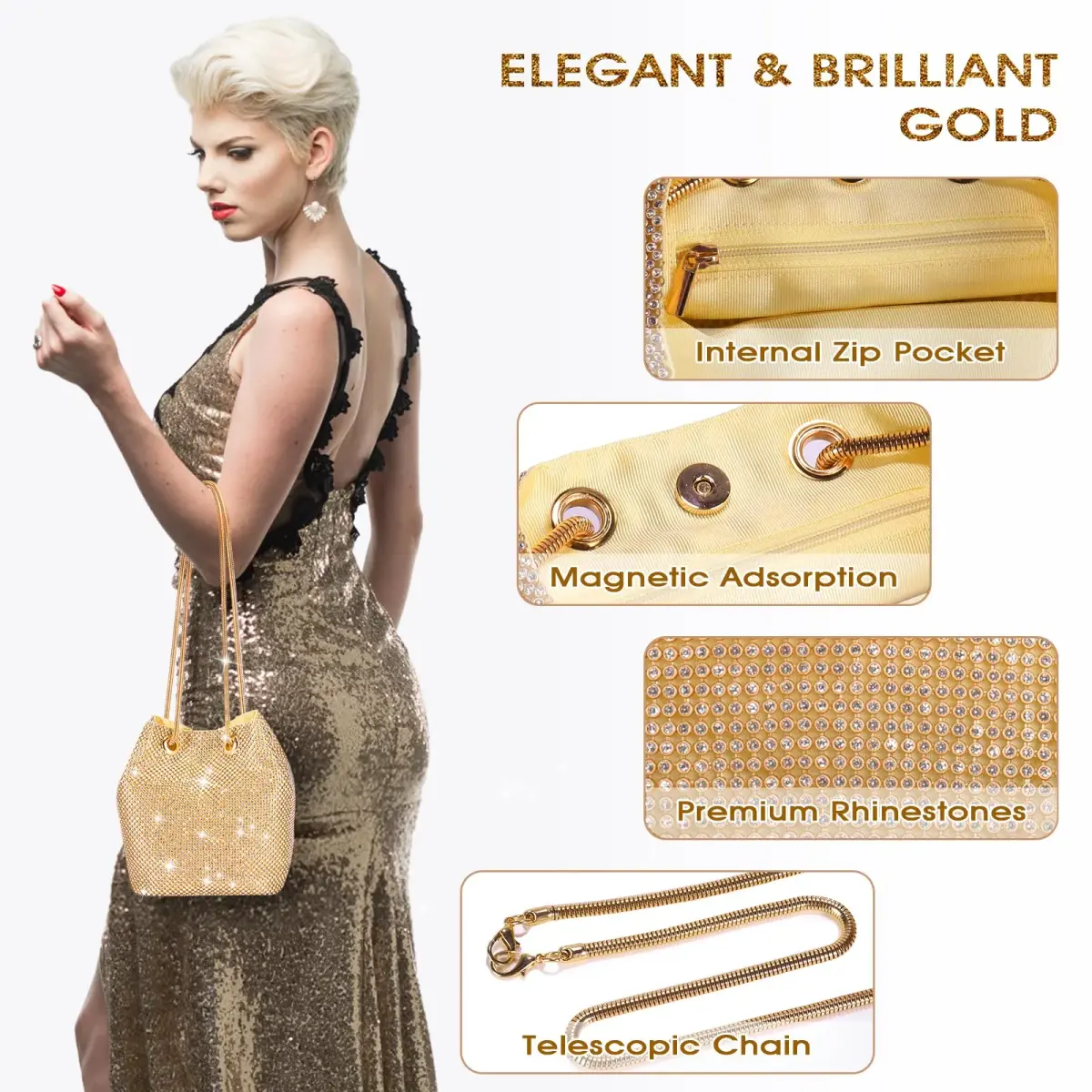JIAN YA NA Bucket Gold X-Large Rhinestone Trihedral Clutch Evening Bag 11.3cm x 15.5cm - view 3