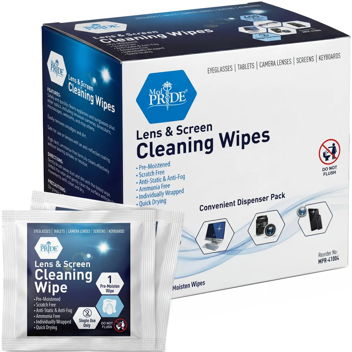 MED PRIDE Lens and Screen Cleaning Wipes 100 Count | Anti-Fog, Scratch-Free, Anti-Static for Eyeglasses & Devices - main product image