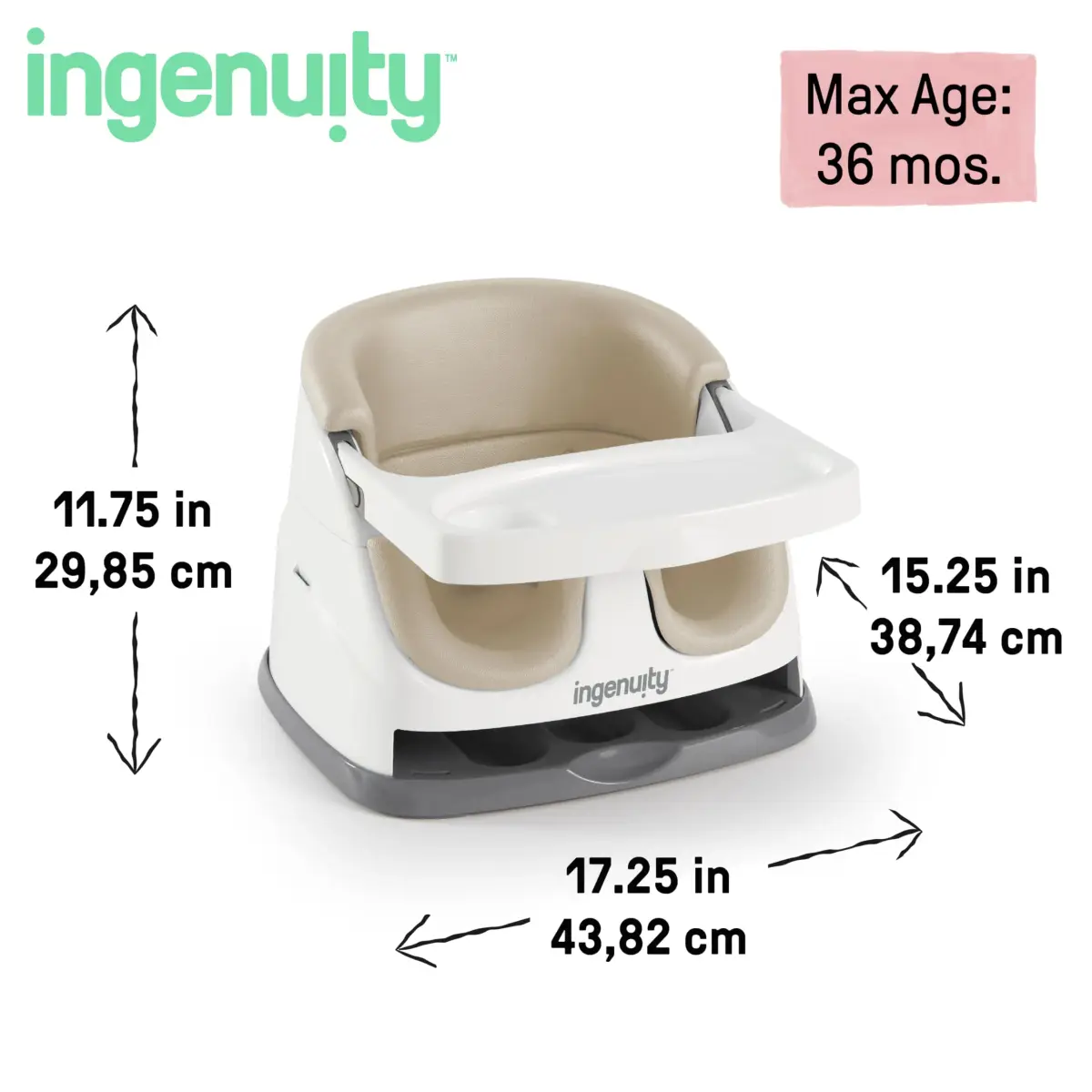 Ingenuity Baby Base 2-in-1 Booster Feeding and Floor Seat with Self-Storing Tray - Cashmere | 43.8cm (17.25in) Width - view 7