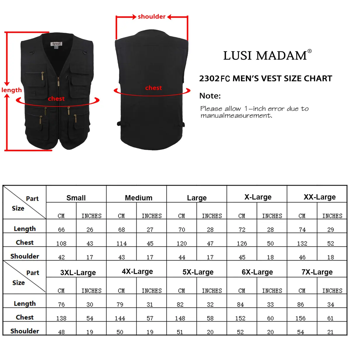 LUSI MADAM Men's Poplin Outdoors Travel Sports Multi-Pockets Work Fishing Vest 2X-Large Black | Utility & Comfort - view 7