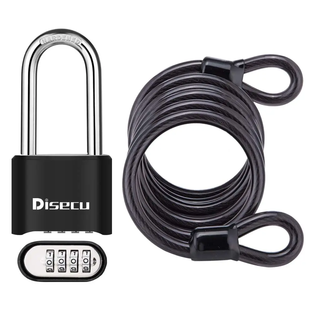disecu Heavy Duty 4 Digit Combination Lock 2.5 Inch Long Shackle Waterproof Padlock with Steel Cable - main product image