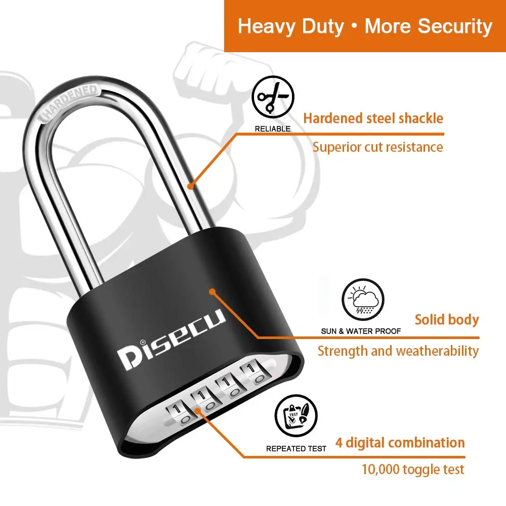 disecu Heavy Duty 4 Digit Combination Lock 2.5 Inch Long Shackle Waterproof Padlock with Steel Cable - view 4