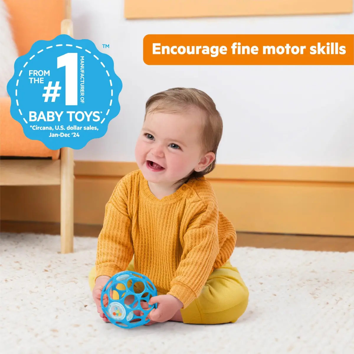Bright Starts Oball Easy-Grasp Rattle BPA-Free Infant Toy in Blue, 4 Inches | Award-Winning Design for Little Fingers - view 2