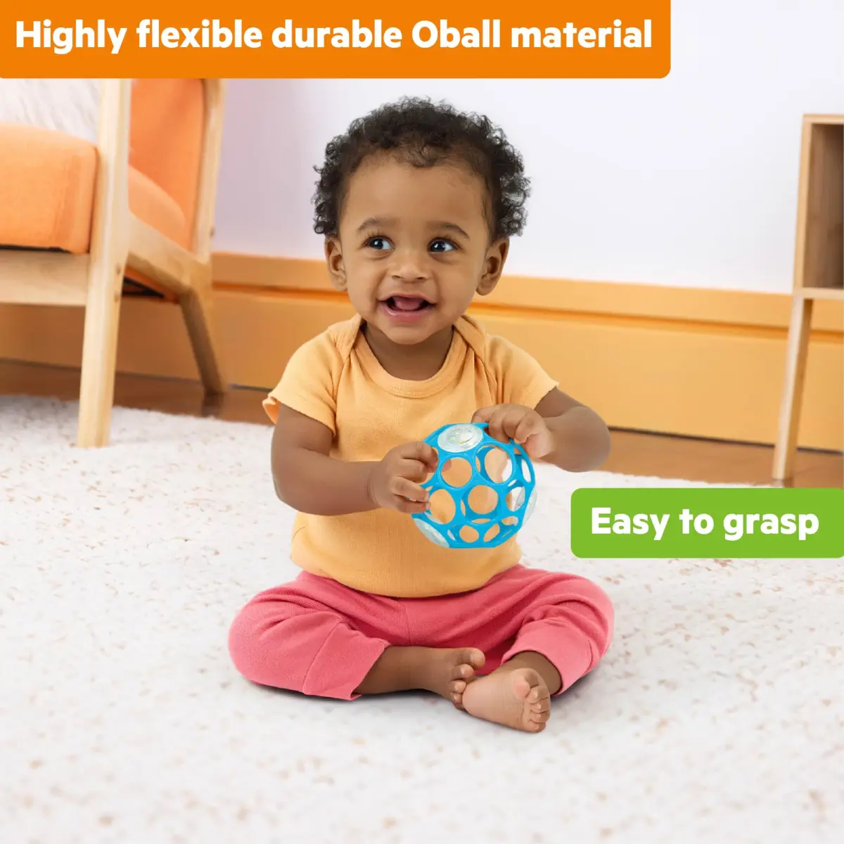 Bright Starts Oball Easy-Grasp Rattle BPA-Free Infant Toy in Blue, 4 Inches | Award-Winning Design for Little Fingers - view 3