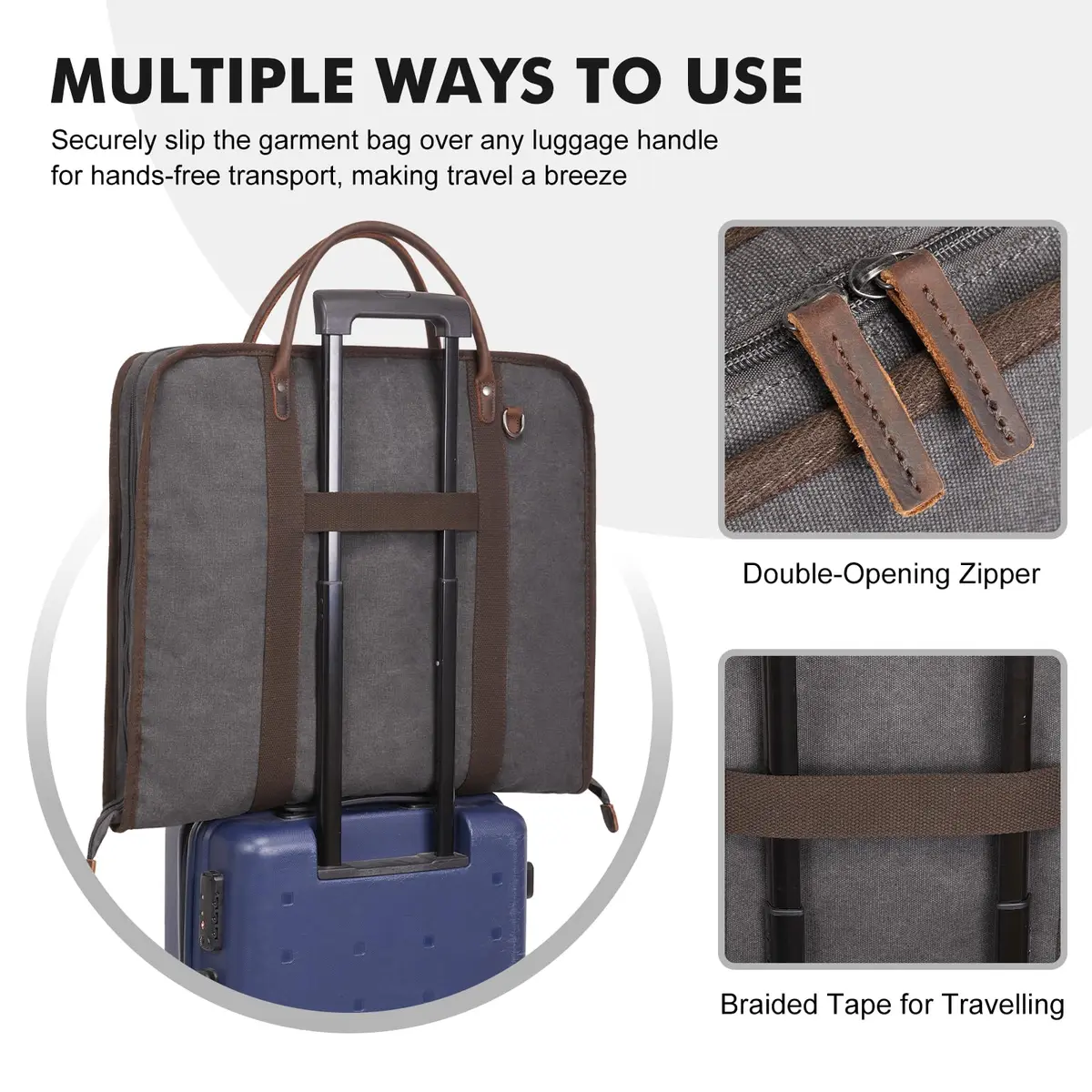 S-ZONE Carry On Garment Bag for Business Travel, Men's Suit Cover with Leather & Canvas, 1.33 KG | Wrinkle-Free Suit Protection - view 6