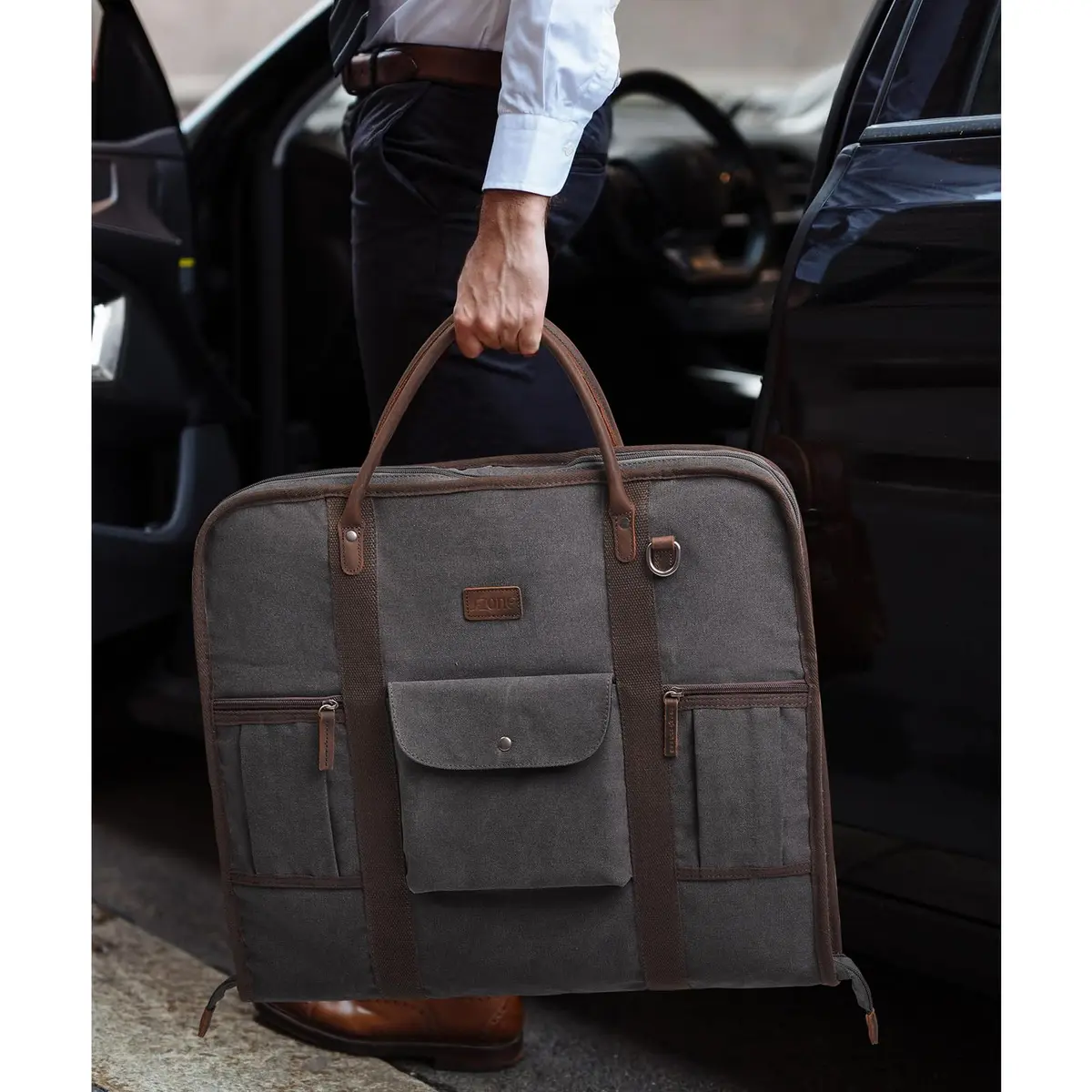 S-ZONE Carry On Garment Bag for Business Travel, Men's Suit Cover with Leather & Canvas, 1.33 KG | Wrinkle-Free Suit Protection - view 7