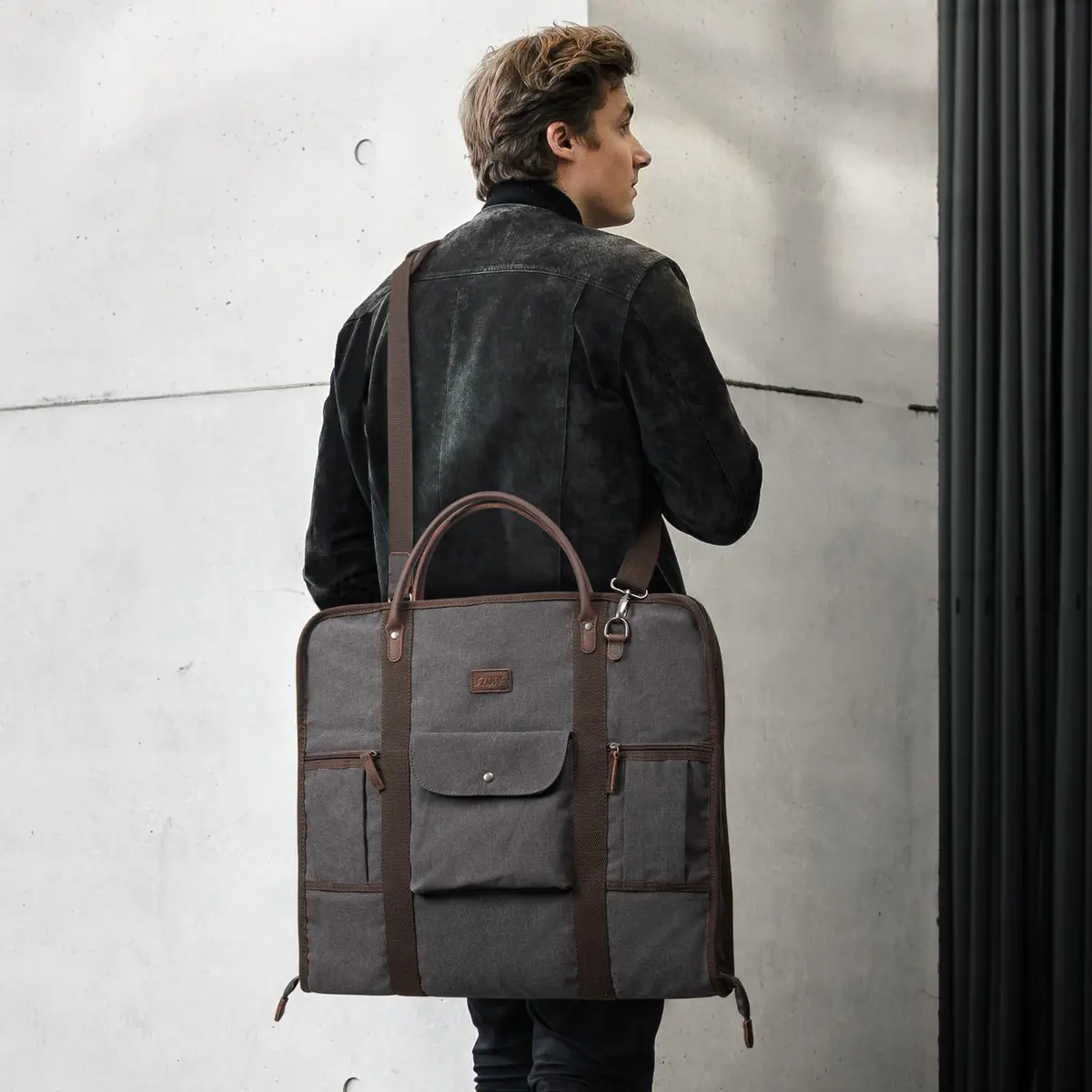 S-ZONE Carry On Garment Bag for Business Travel, Men's Suit Cover with Leather & Canvas, 1.33 KG | Wrinkle-Free Suit Protection - view 2