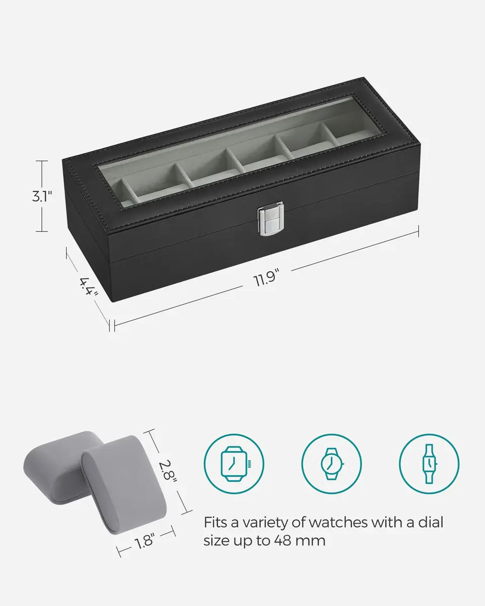 SONGMICS 6-Slot Watch Box with Glass Lid & Removable Pillows | 30.2 cm (11.9") x 11.2 cm (4.4") x 8 cm (3.1") - view 5