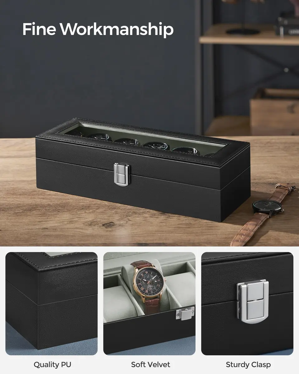 SONGMICS 6-Slot Watch Box with Glass Lid & Removable Pillows | 30.2 cm (11.9") x 11.2 cm (4.4") x 8 cm (3.1") - view 2