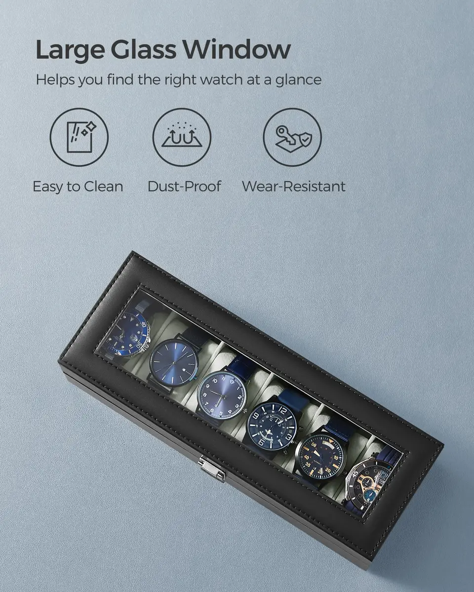 SONGMICS 6-Slot Watch Box with Glass Lid & Removable Pillows | 30.2 cm (11.9") x 11.2 cm (4.4") x 8 cm (3.1") - view 3
