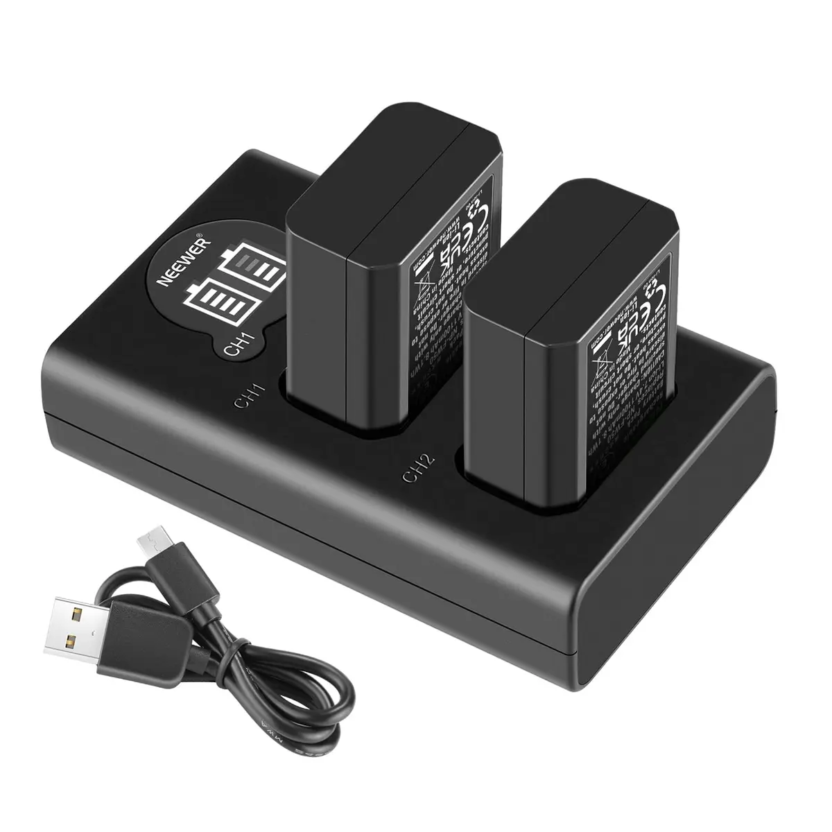 NEEWER Camera Battery Charger Set for Sony NP-FW50 ZV-E10 A7 Series, 2x1100mAh Batteries & Dual USB Charger - main product image