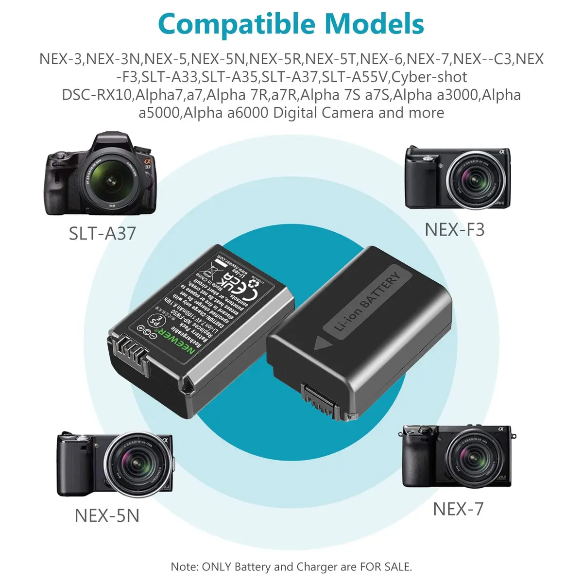 NEEWER Camera Battery Charger Set for Sony NP-FW50 ZV-E10 A7 Series, 2x1100mAh Batteries & Dual USB Charger - view 5