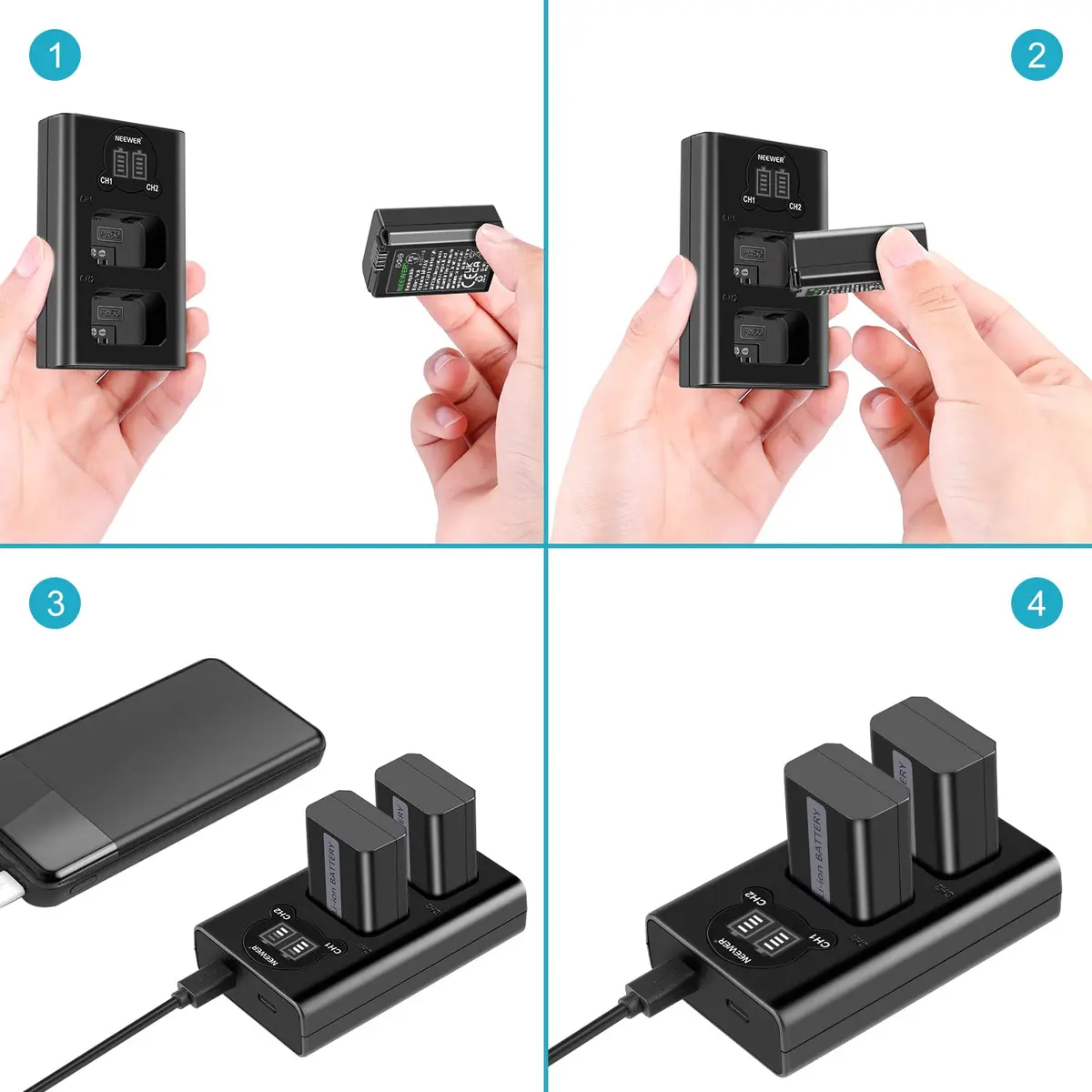 NEEWER Camera Battery Charger Set for Sony NP-FW50 ZV-E10 A7 Series, 2x1100mAh Batteries & Dual USB Charger - view 6