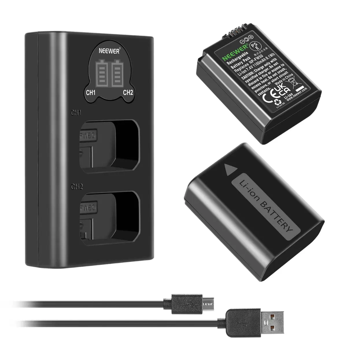 NEEWER Camera Battery Charger Set for Sony NP-FW50 ZV-E10 A7 Series, 2x1100mAh Batteries & Dual USB Charger - view 8