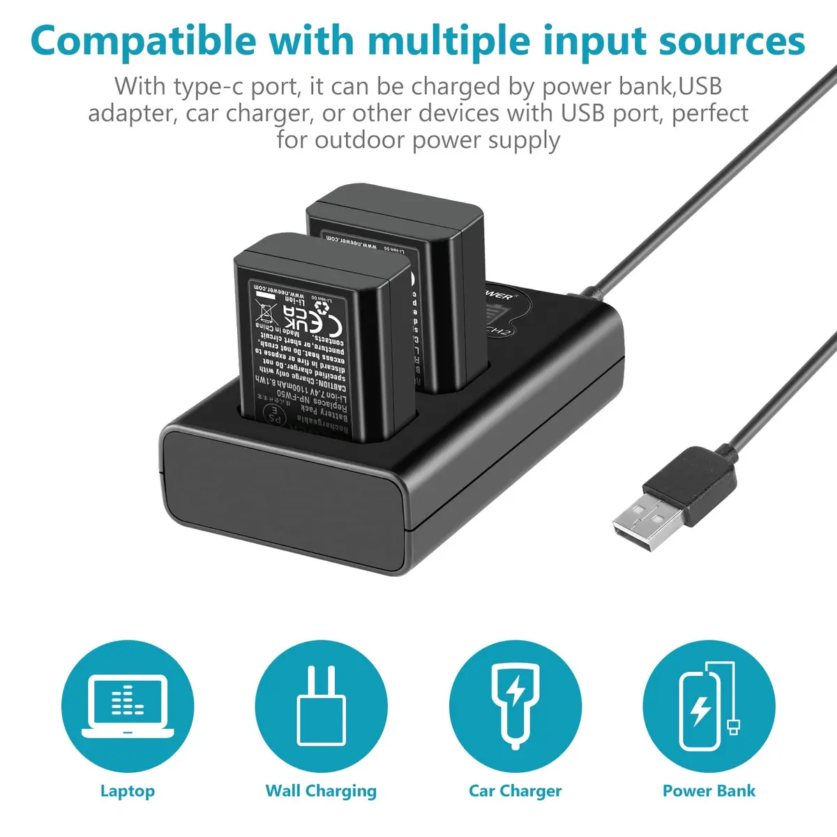 NEEWER Camera Battery Charger Set for Sony NP-FW50 ZV-E10 A7 Series, 2x1100mAh Batteries & Dual USB Charger - view 2