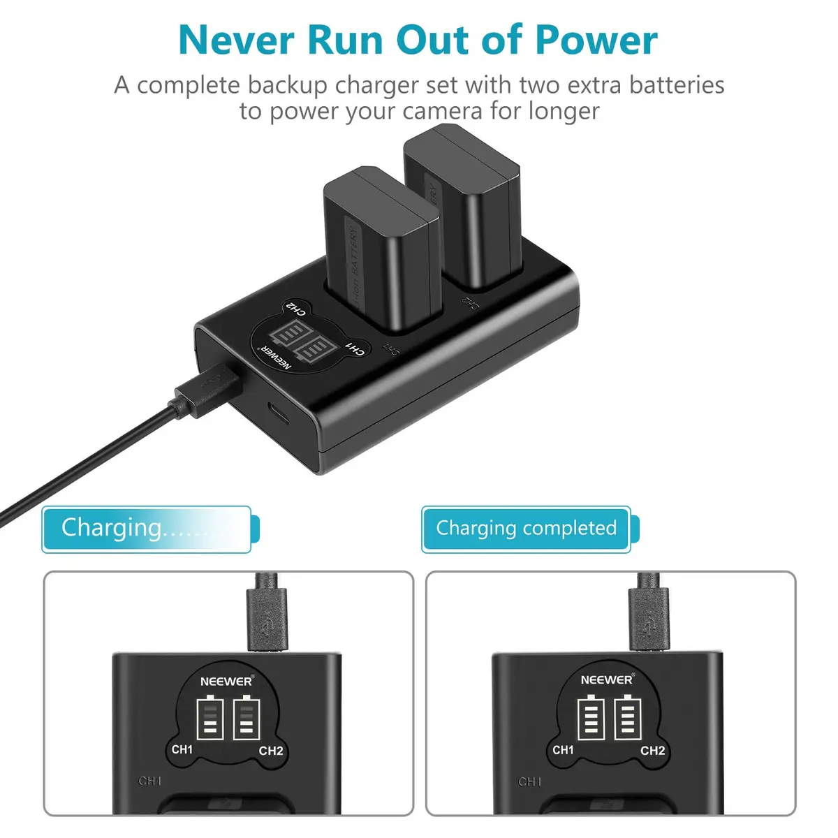 NEEWER Camera Battery Charger Set for Sony NP-FW50 ZV-E10 A7 Series, 2x1100mAh Batteries & Dual USB Charger - view 3