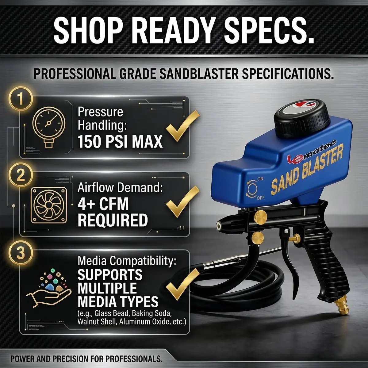 LE LEMATEC Sand Blaster Gun Kit for Air Compressor Rust Removal | Portable, Dual Mode, Ceramic Nozzle - view 6