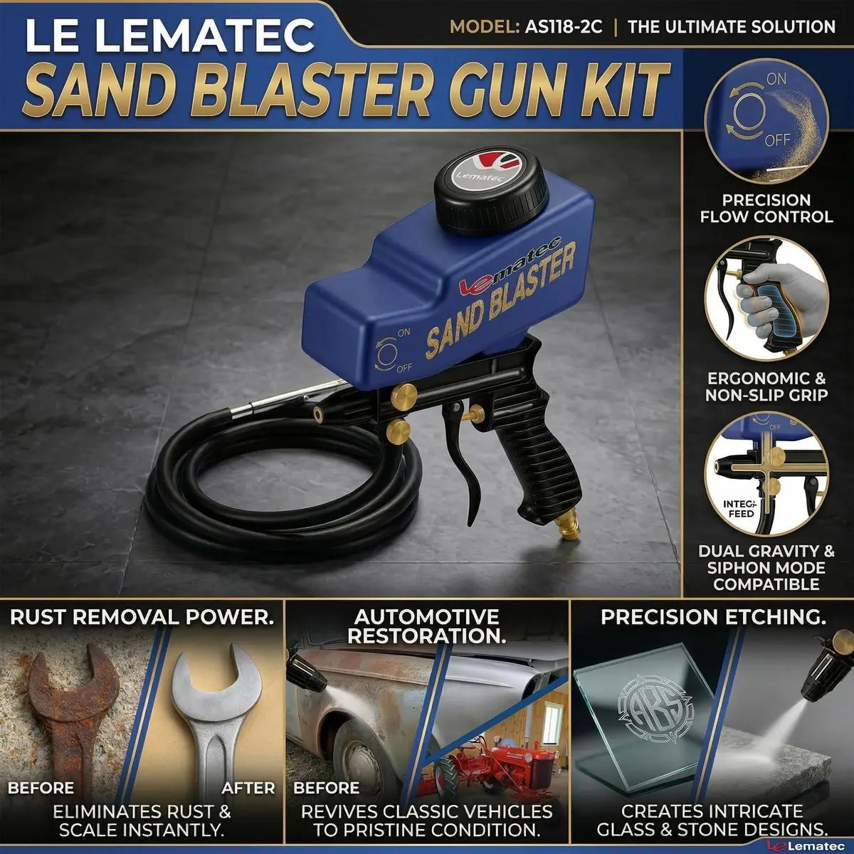 LE LEMATEC Sand Blaster Gun Kit for Air Compressor Rust Removal | Portable, Dual Mode, Ceramic Nozzle - view 9