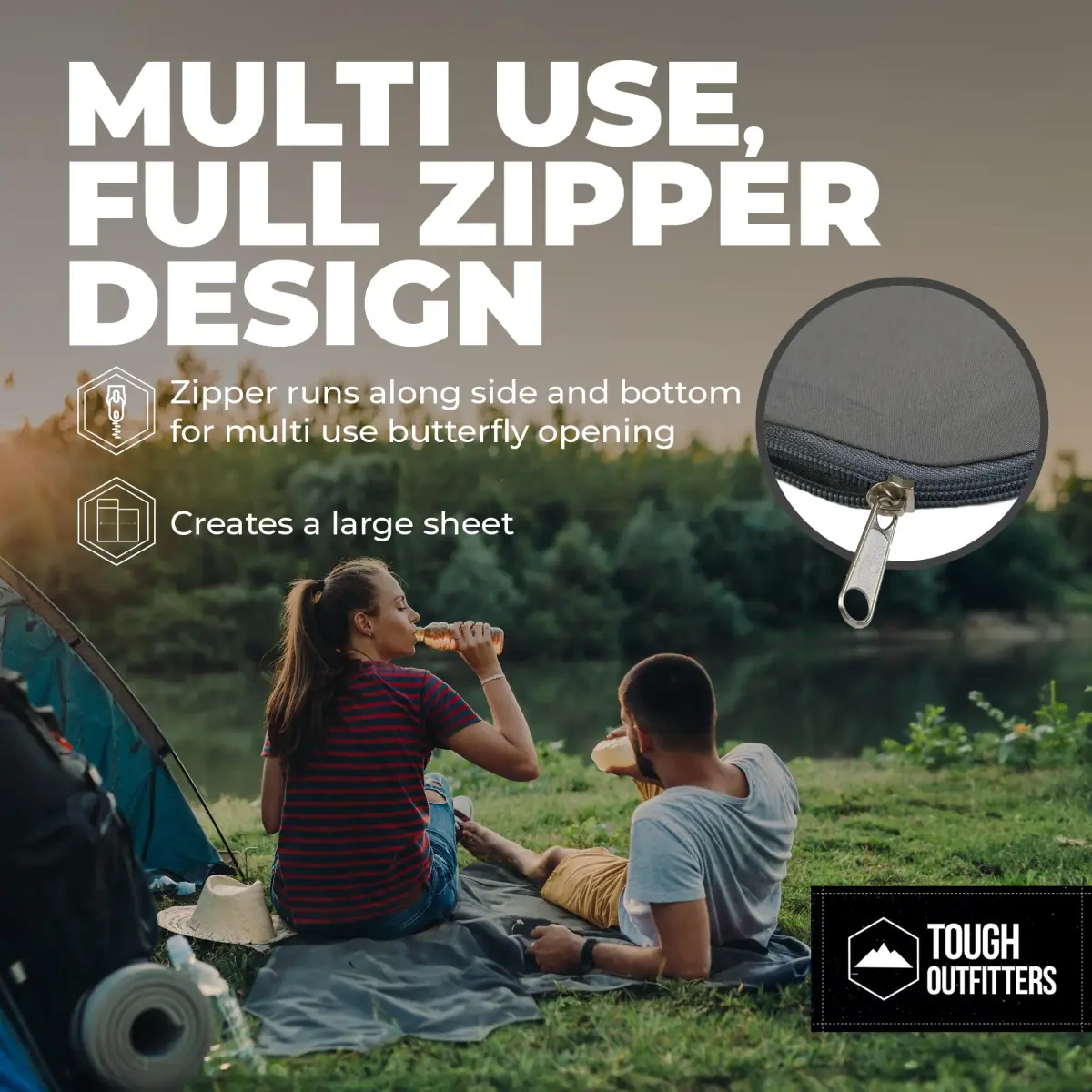 Tough Outdoors Double Sleeping Bag Liner 203cm (85") x 188cm (74") with Zipper | Ultralight Polyester Travel Sheet for Camping & Hotels - view 6