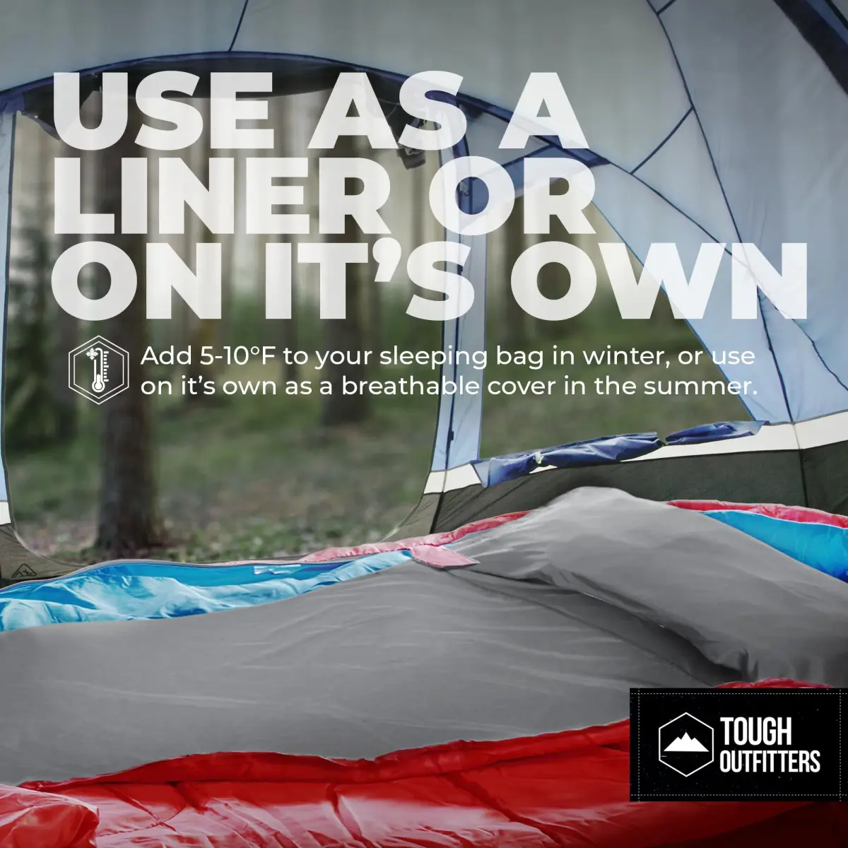 Tough Outdoors Double Sleeping Bag Liner 203cm (85") x 188cm (74") with Zipper | Ultralight Polyester Travel Sheet for Camping & Hotels - view 3