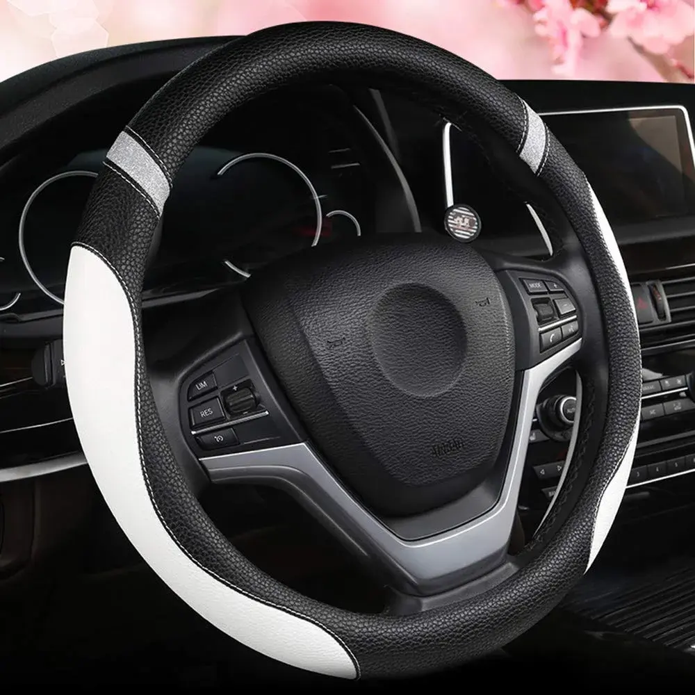 Cxtiy White Leather Steering Wheel Cover for Cars 38cm (15 Inch) | Universal Fit for Women - main product image