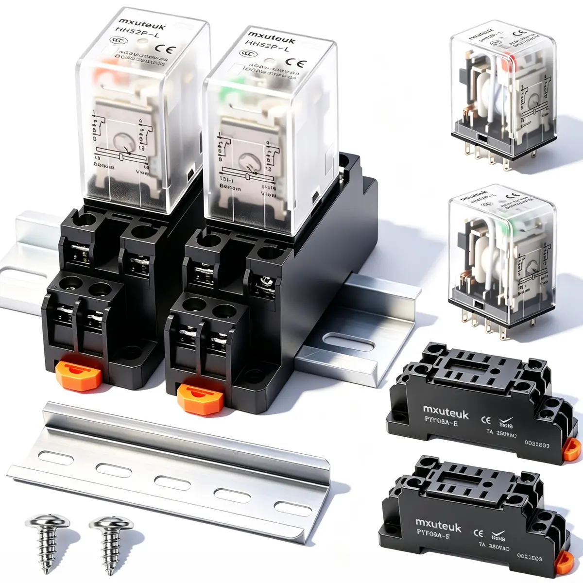 mxuteuk HH52P DC 24V Coil 8 Pin 5A DPDT LED Indicator Electromagnetic Power Relay with Base and DIN Rail Mount (2-Pack, Black) - main product image