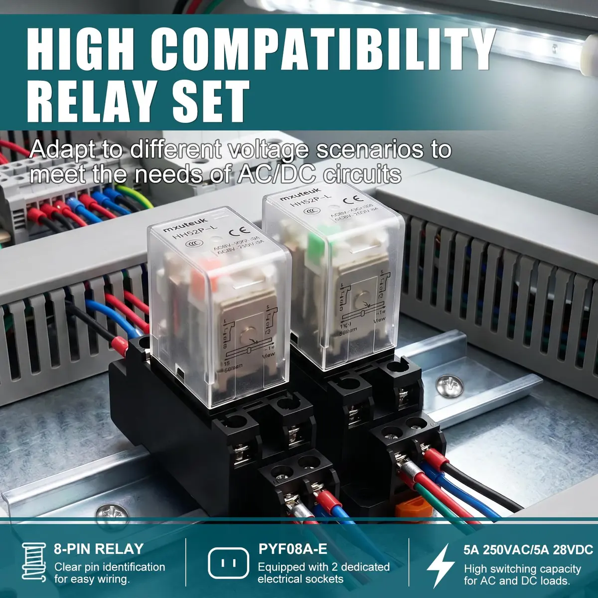 mxuteuk HH52P DC 24V Coil 8 Pin 5A DPDT LED Indicator Electromagnetic Power Relay with Base and DIN Rail Mount (2-Pack, Black) - view 3
