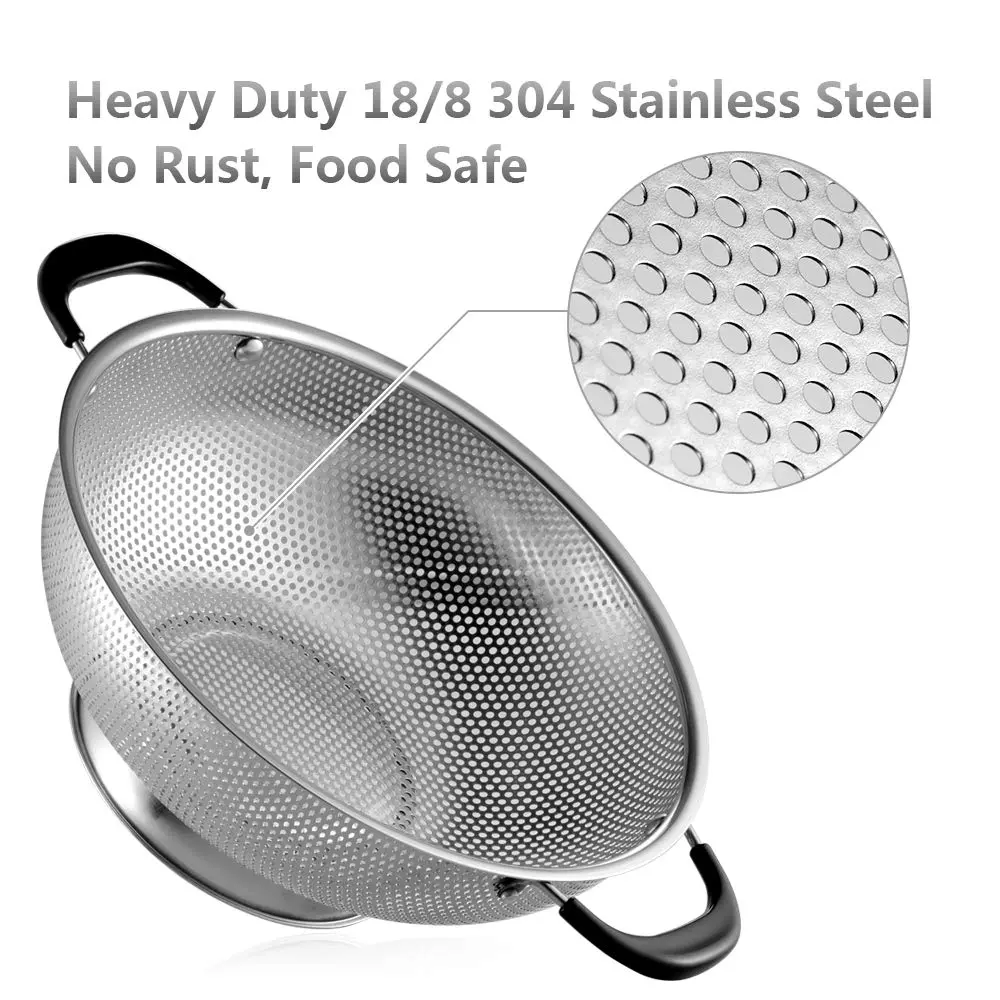 Tiawudi 5-Quart Stainless Steel Colander with Heat Resistant Handles | Easy Grip Micro-Perforated Strainer - view 2