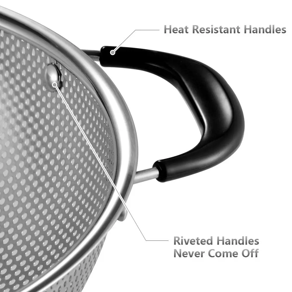 Tiawudi 5-Quart Stainless Steel Colander with Heat Resistant Handles | Easy Grip Micro-Perforated Strainer - view 3