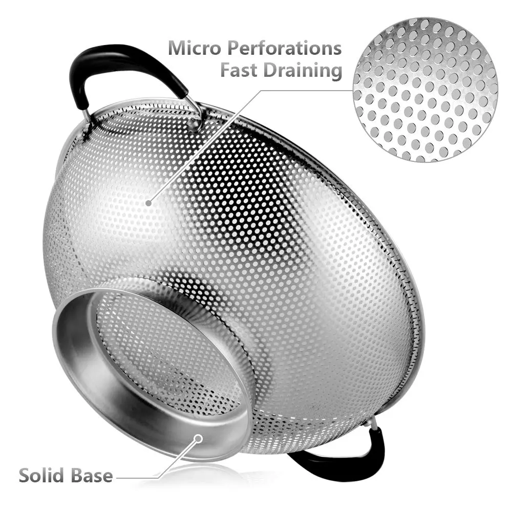 Tiawudi 5-Quart Stainless Steel Colander with Heat Resistant Handles | Easy Grip Micro-Perforated Strainer - view 4