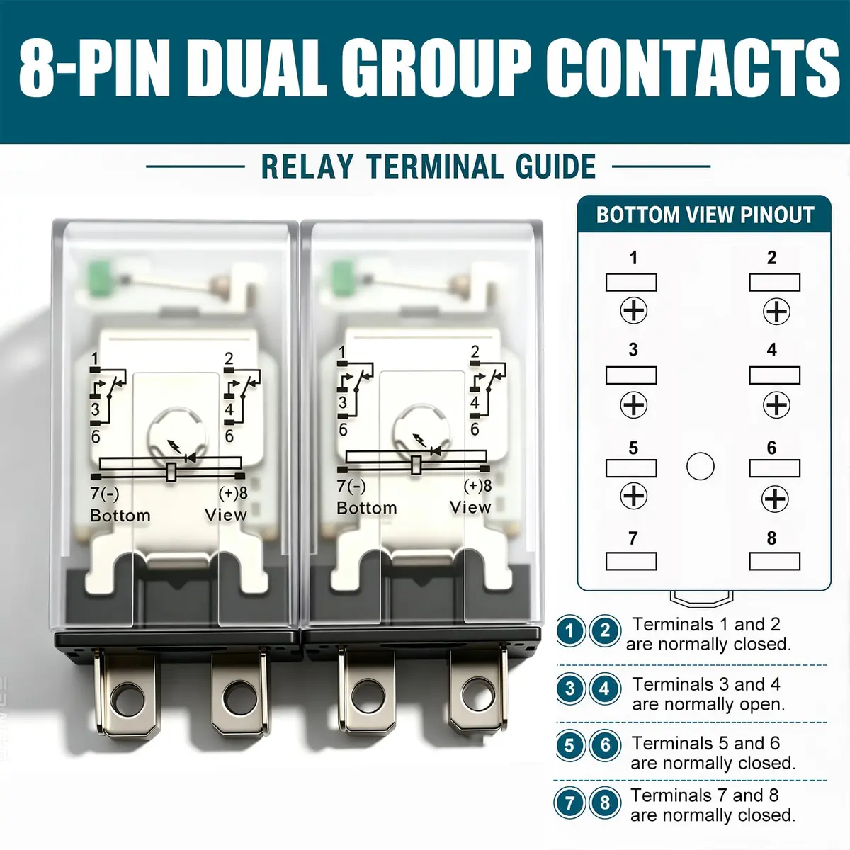 mxuteuk DPDT Electromagnetic Power Relay JQX-13FL DC 12V Coil 8 Pin 10A with Base and DIN Rail Mount (2-Pack, Black) - view 5