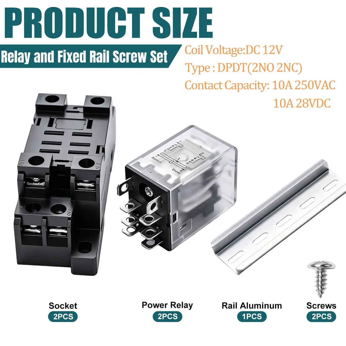 mxuteuk DPDT Electromagnetic Power Relay JQX-13FL DC 12V Coil 8 Pin 10A with Base and DIN Rail Mount (2-Pack, Black) - view 2
