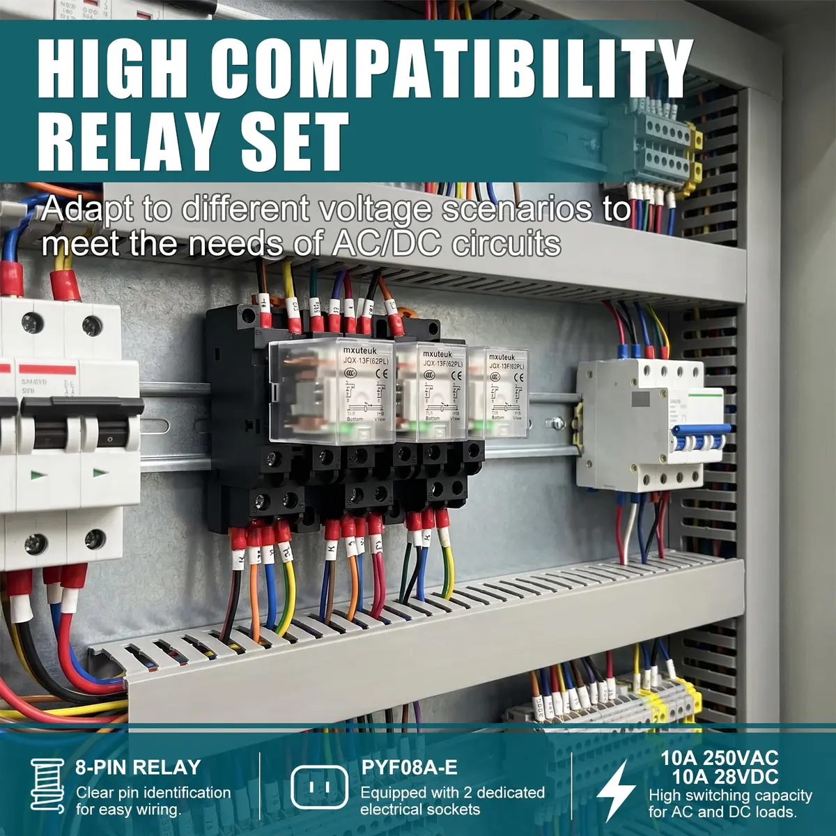 mxuteuk DPDT Electromagnetic Power Relay JQX-13FL DC 12V Coil 8 Pin 10A with Base and DIN Rail Mount (2-Pack, Black) - view 3