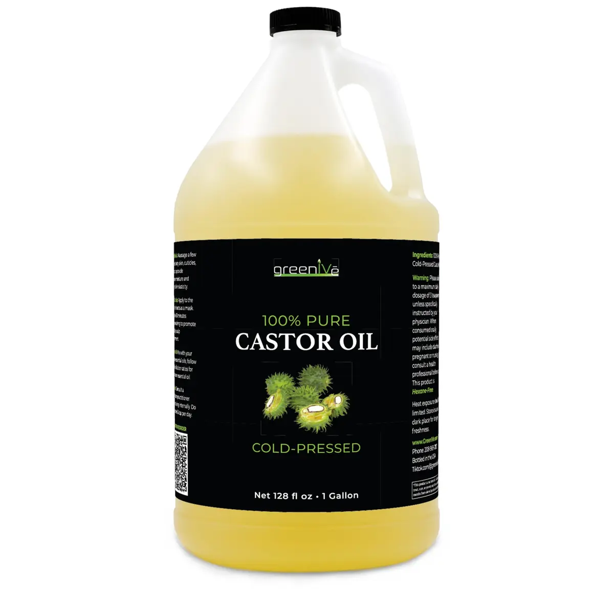 GreenIVe 100% Pure Castor Oil – Cold-Pressed, Hexane-Free – Hair, Eyebrows, Eyelashes, Skin Moisturizer, Castor Pack Wrap Oil Bulk Bottle (1 Gallon) - main product image