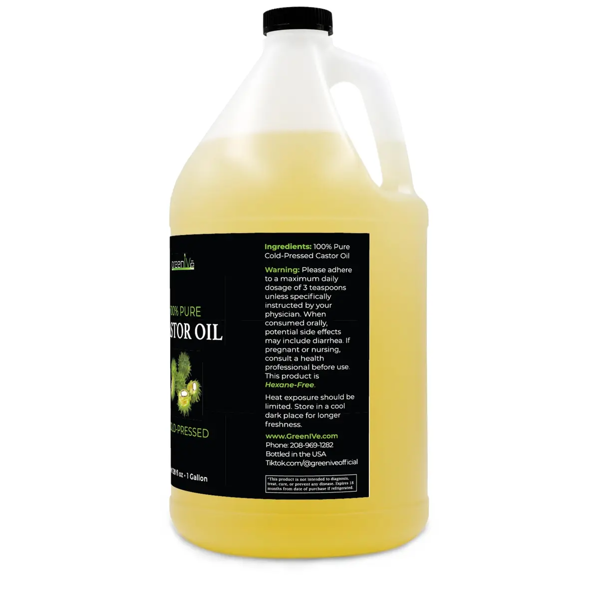 GreenIVe 100% Pure Castor Oil – Cold-Pressed, Hexane-Free – Hair, Eyebrows, Eyelashes, Skin Moisturizer, Castor Pack Wrap Oil Bulk Bottle (1 Gallon) - view 2