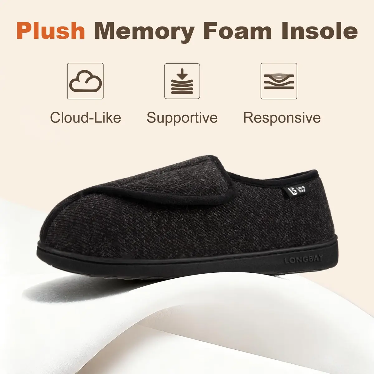 LongBay Women's Adjustable Memory Foam Slippers Black | Wide Fit, Orthopedic Support - view 5