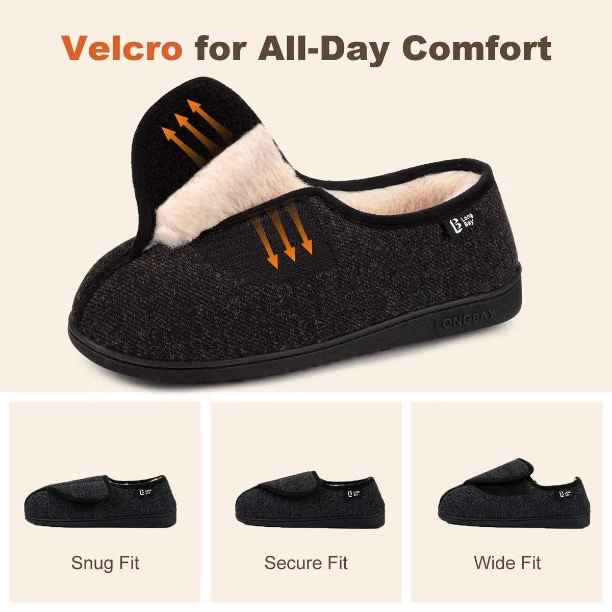 LongBay Women's Adjustable Memory Foam Slippers Black | Wide Fit, Orthopedic Support - view 3