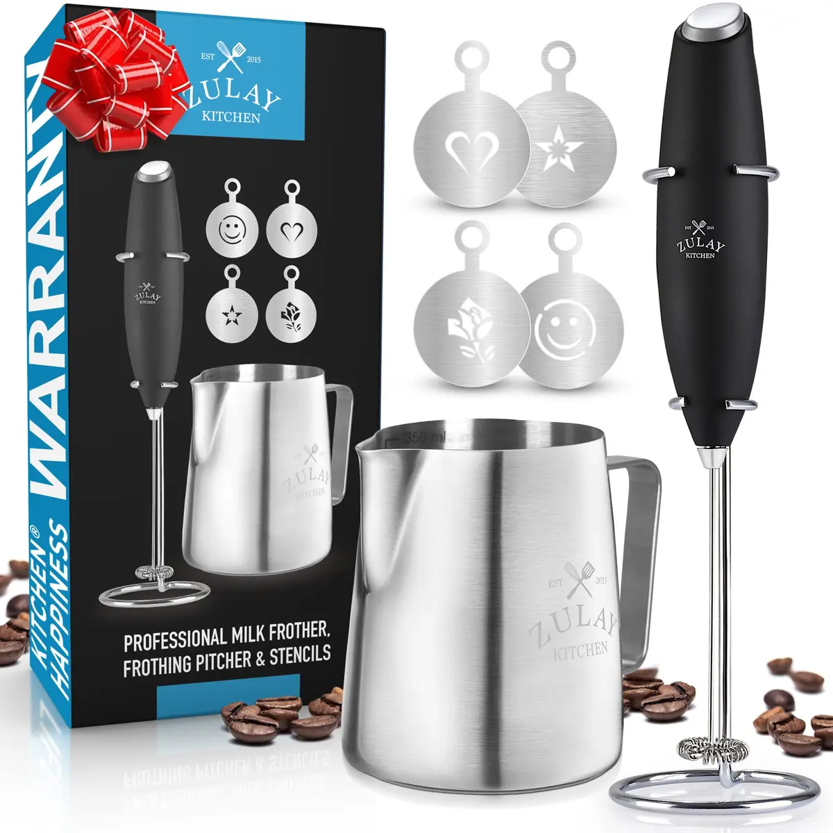 Zulay Kitchen Milk Frother Set – Handheld Coffee Frother with Stand, 350ml, 13,000 RPM, Stainless Steel, Barista Kit - main product image