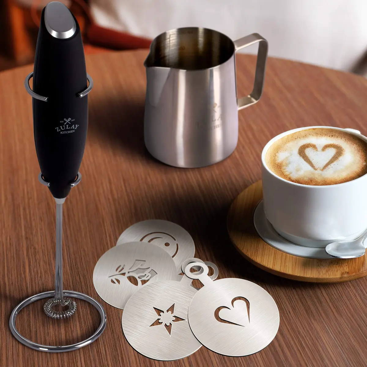 Zulay Kitchen Milk Frother Set – Handheld Coffee Frother with Stand, 350ml, 13,000 RPM, Stainless Steel, Barista Kit - view 5