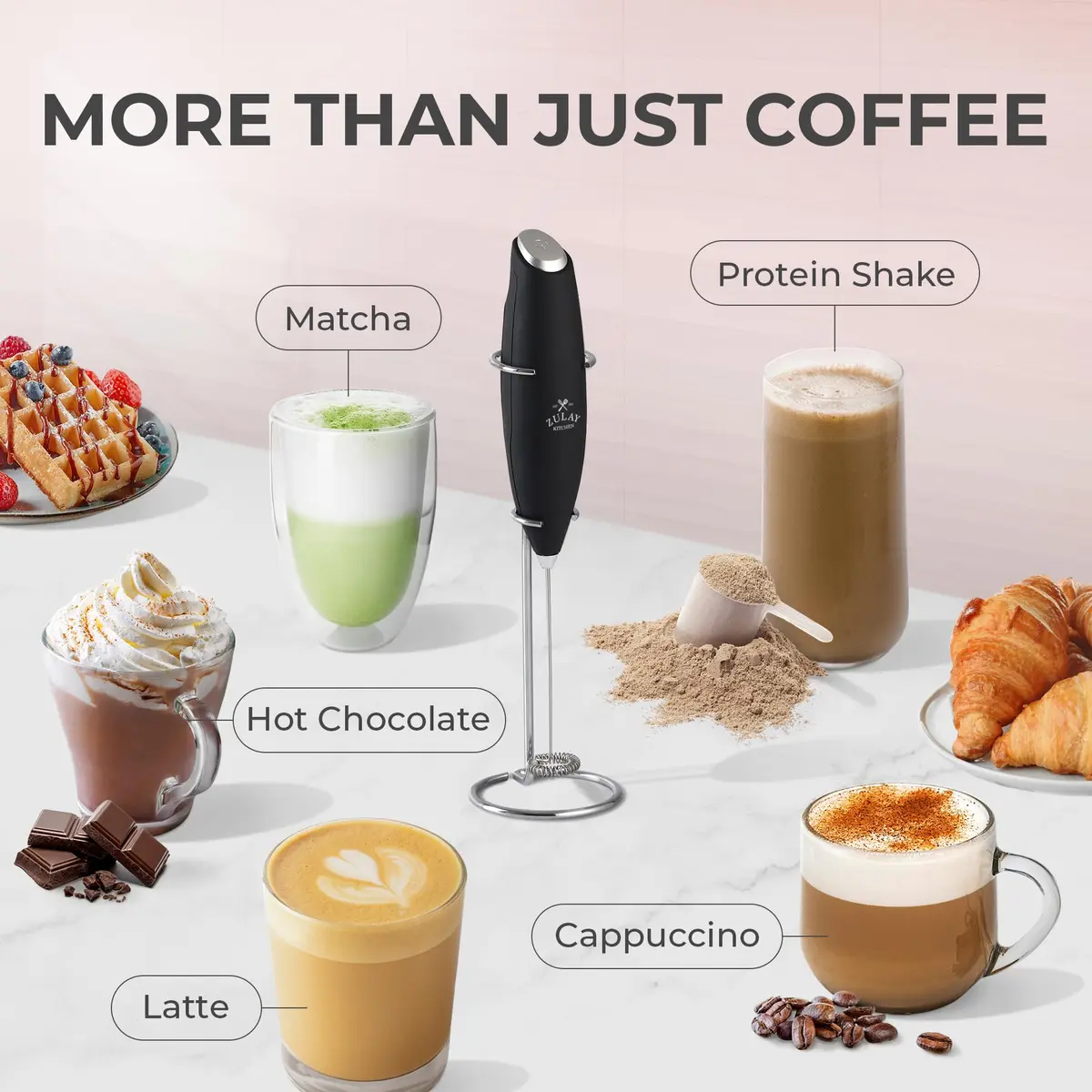 Zulay Kitchen Milk Frother Set – Handheld Coffee Frother with Stand, 350ml, 13,000 RPM, Stainless Steel, Barista Kit - view 6