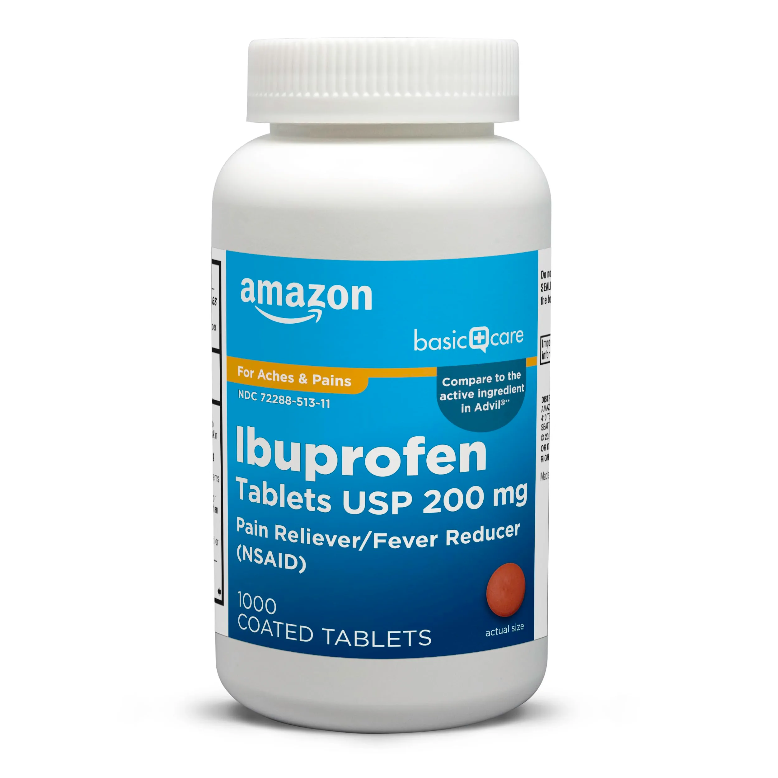 Amazon Basic Care Ibuprofen Tablets, Pain Relief & Fever Reducer, 200mg, 1000 Count | USA Sourced NSAID - main product image