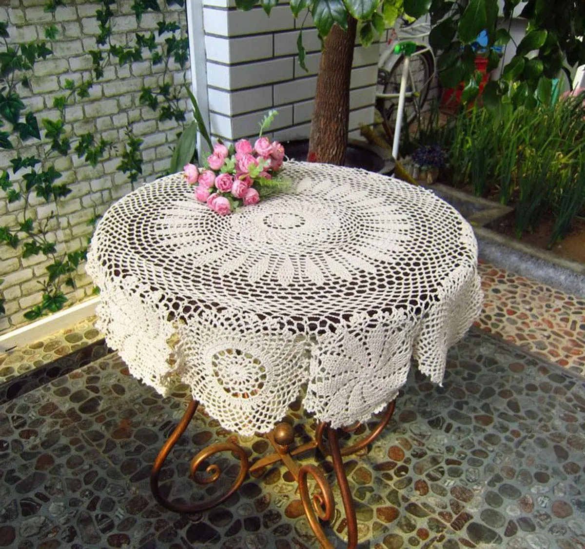 Hetao Handmade Crochet Round Tablecloth Doilies Lace Table Covers Beige 35 Inch | Elegant Lace Design for Home & Weddings - view 2