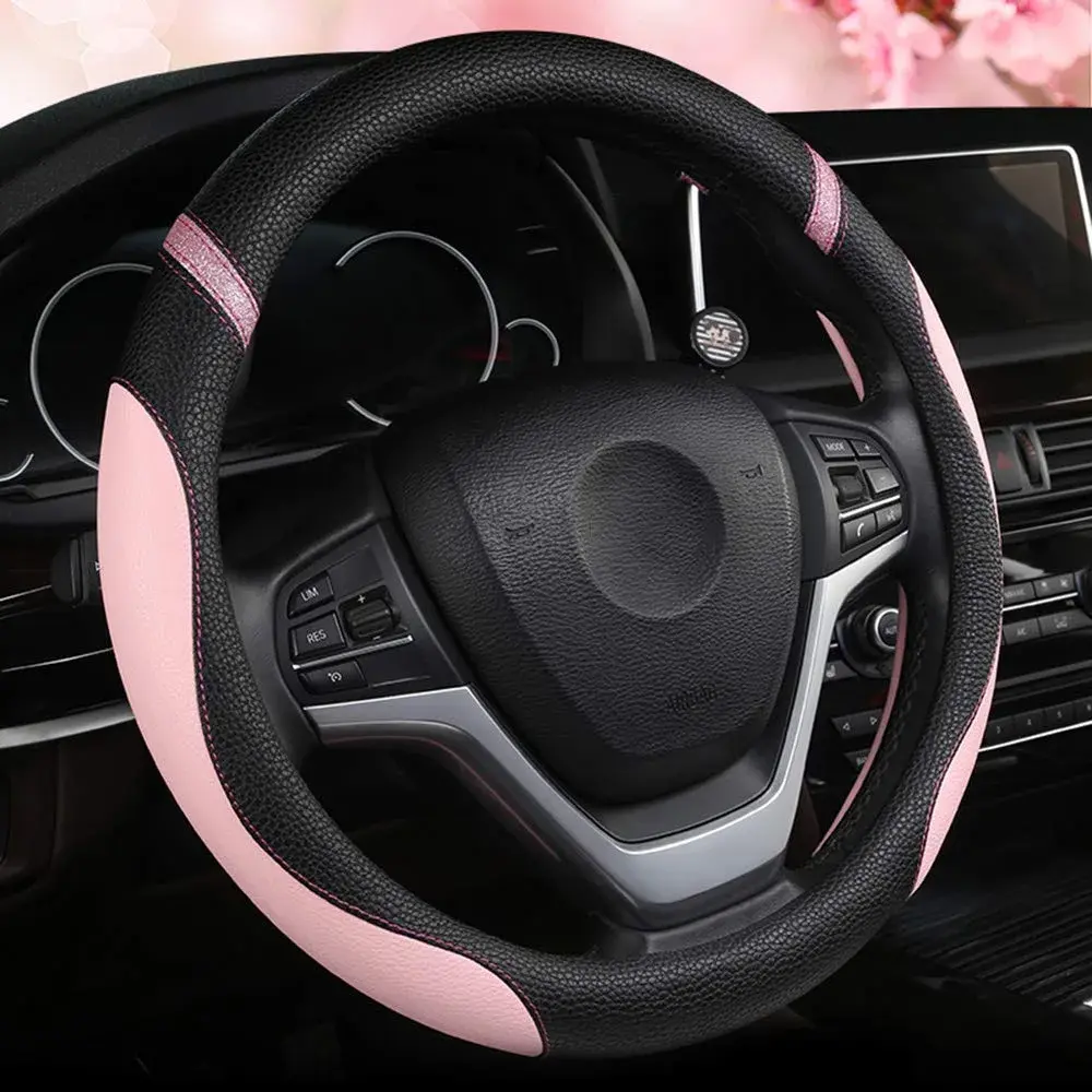 Cxtiy Pink Leather Steering Wheel Cover for Cars 38cm (15 inch) | Universal Fit for Women - main product image