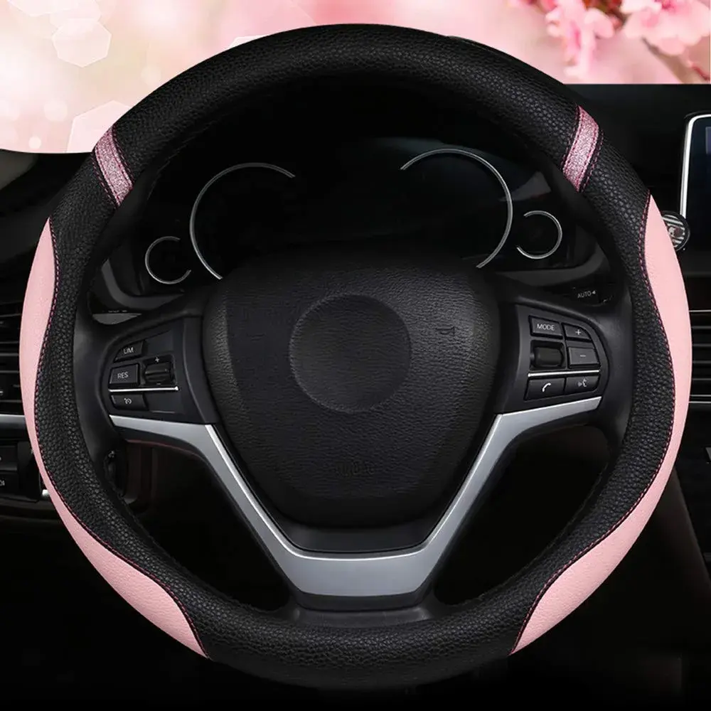 Cxtiy Pink Leather Steering Wheel Cover for Cars 38cm (15 inch) | Universal Fit for Women - view 3
