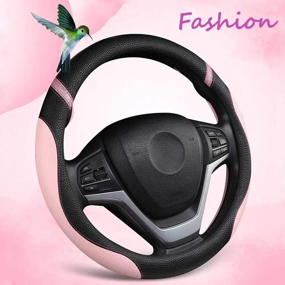 Cxtiy Pink Leather Steering Wheel Cover for Cars 38cm (15 inch) | Universal Fit for Women - view 4
