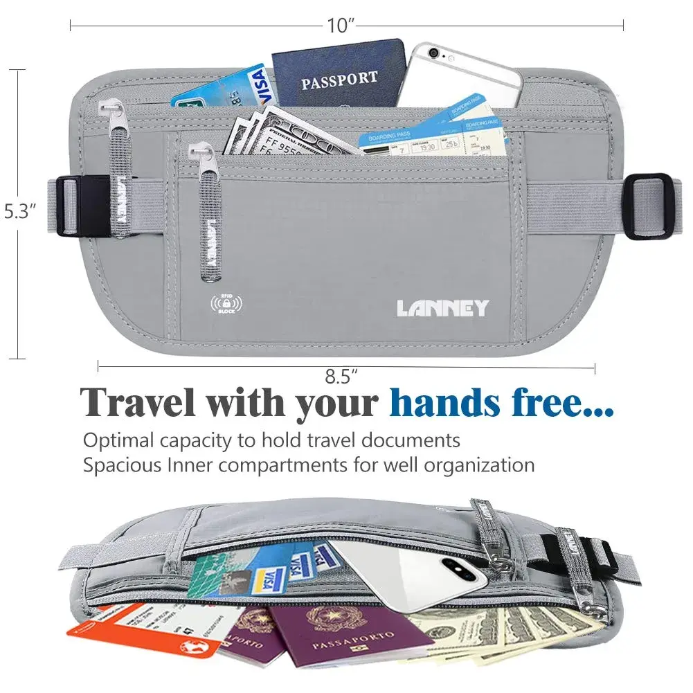 LANNEY RFID Blocking Money Belt with 10 Bonus Card Sleeves | 10.2 inch (25.9 cm) Length, Silver Gray - view 4