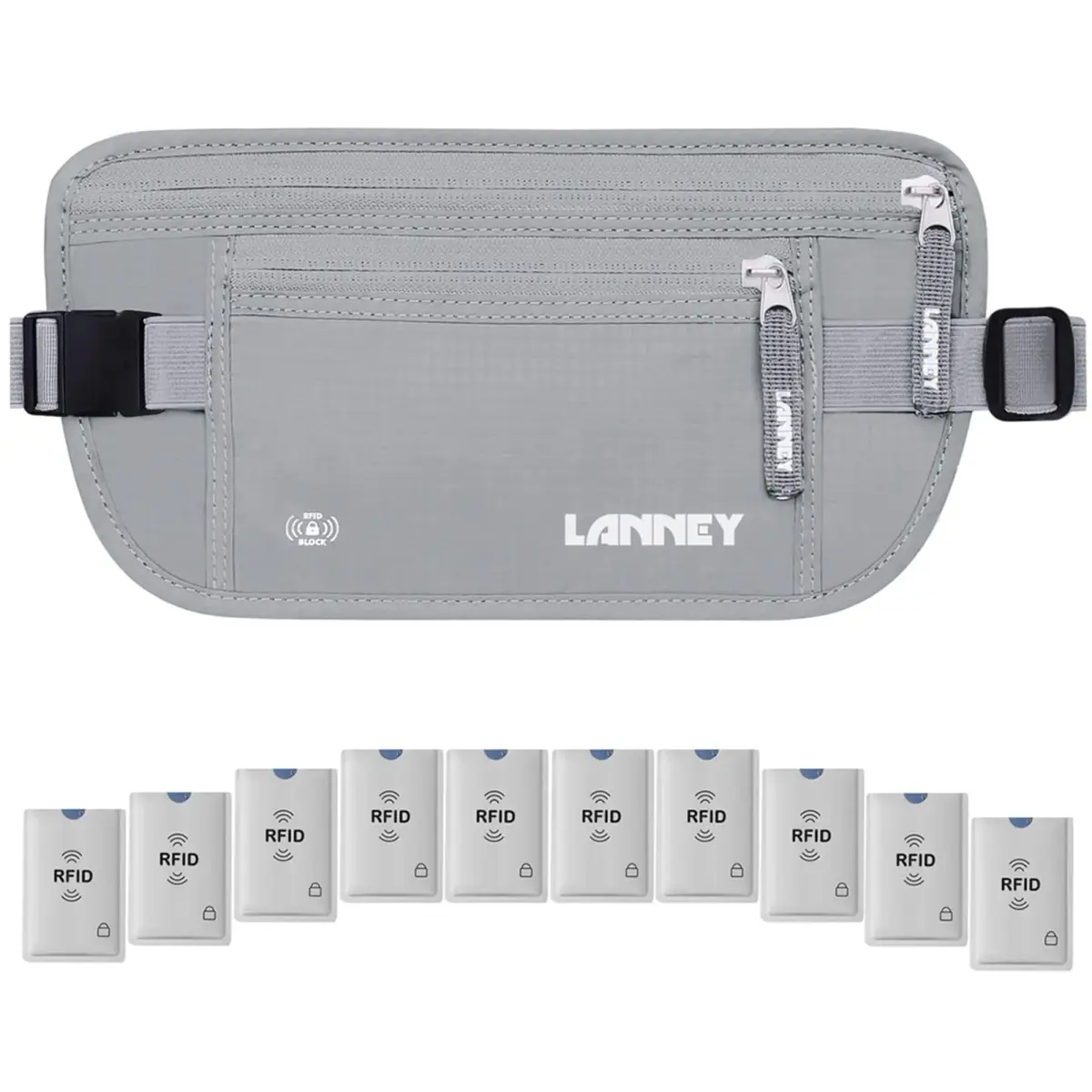 LANNEY RFID Blocking Money Belt with 10 Bonus Card Sleeves | 10.2 inch (25.9 cm) Length, Silver Gray - main product image