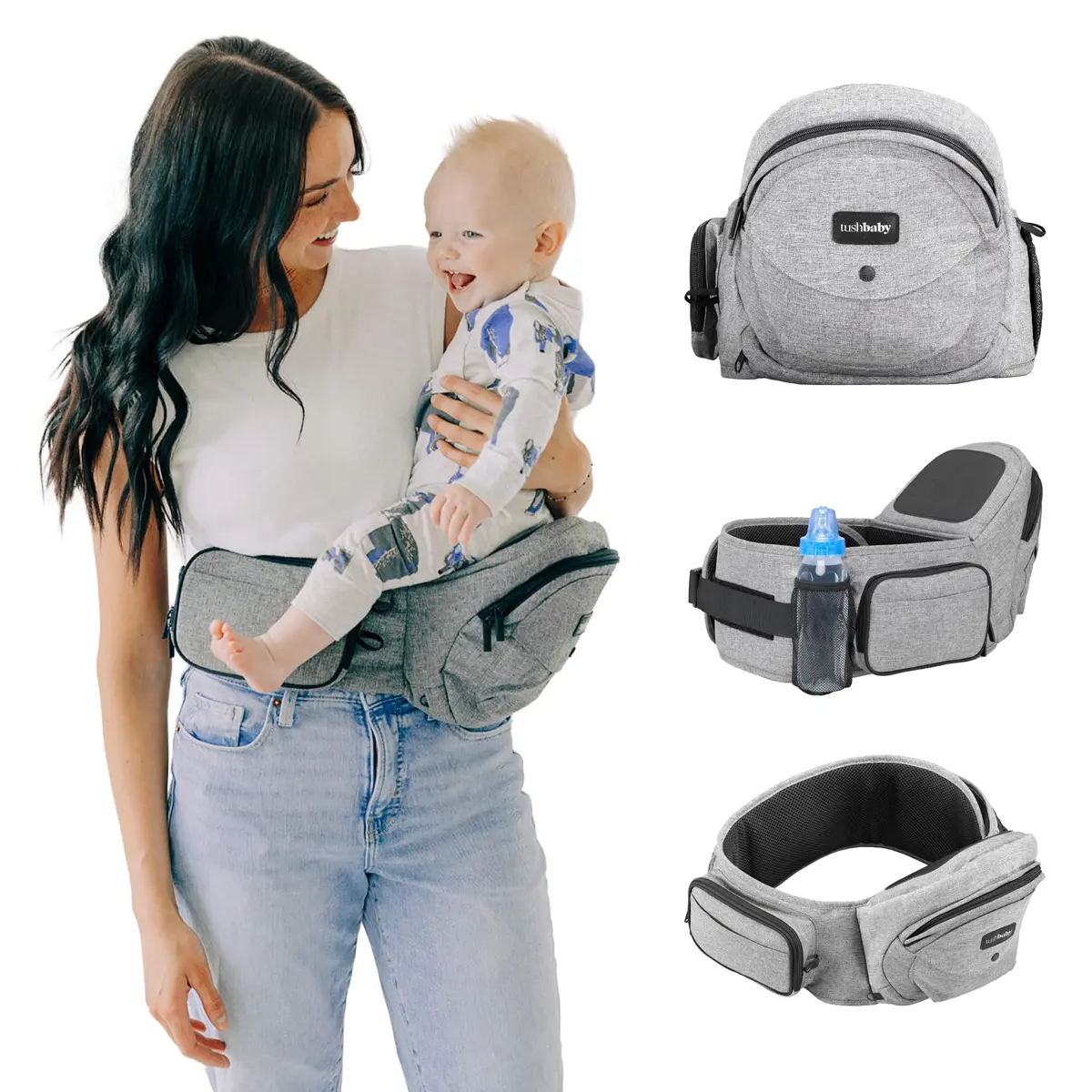 TushBaby Original Hip Seat Baby Carrier Grey | Ergonomic Support for Babies & Toddlers up to 20.4 kg (45 lbs) - main product image